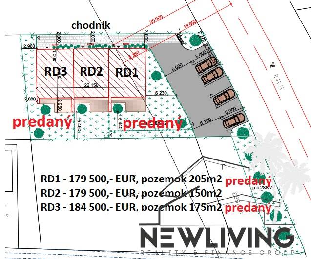 Plan of family houses in Piešťany with marked sold properties.