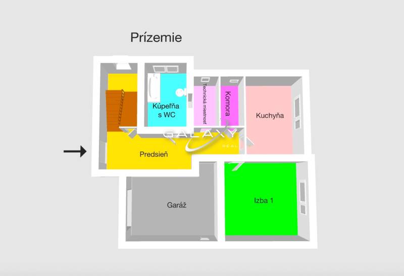 Ground floor plan of a family house with a garage, kitchen, and bathroom.
