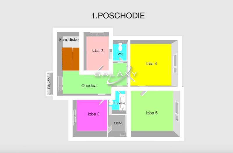 Floor plan of the first floor of a family house with five rooms, a bathroom, a toilet, and a storage room.