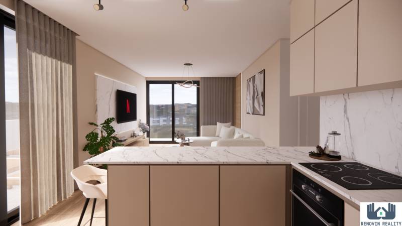 Kitchen and living room with a marble countertop and floor with wood decor in the construction of apartments.