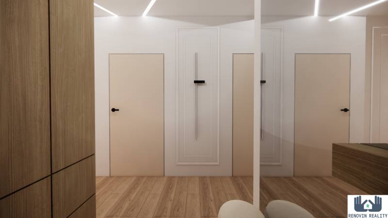 Interior with white walls, wooden doors, and a wooden decor floor by Výstavba bytov.