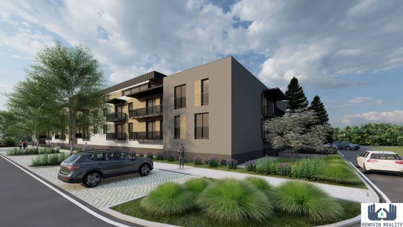 Visualization of apartment construction in Kriváň, a modern apartment building with parking and green areas.