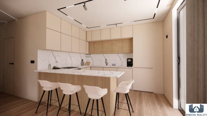 A kitchen with a marble countertop and a wooden decor floor from Housing Construction.