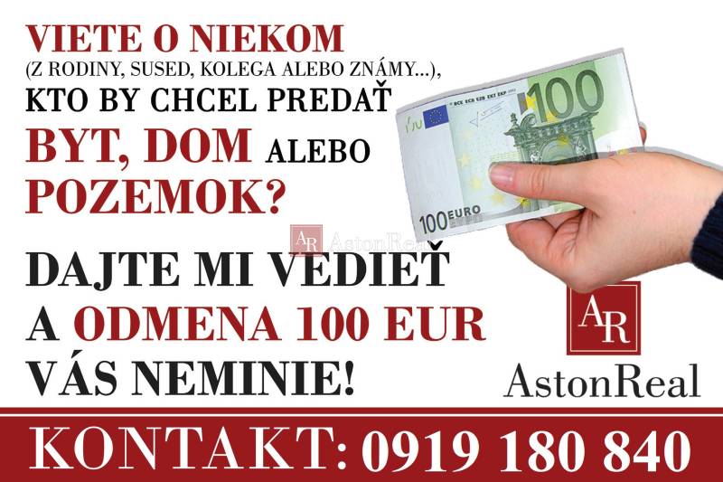 Advertisement offering a reward of 100 euros for a tip on the sale of an apartment, house, or land.
