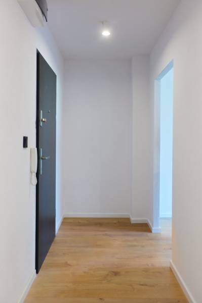 A hallway with a wooden floor, white walls, and doors in a 2-room apartment.