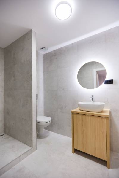 A bathroom in a 2-room apartment with a sink, mirror, and shower corner.
