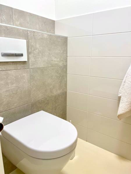 Simple toilets with square flushing in a 2-room apartment, white and gray tiles.
