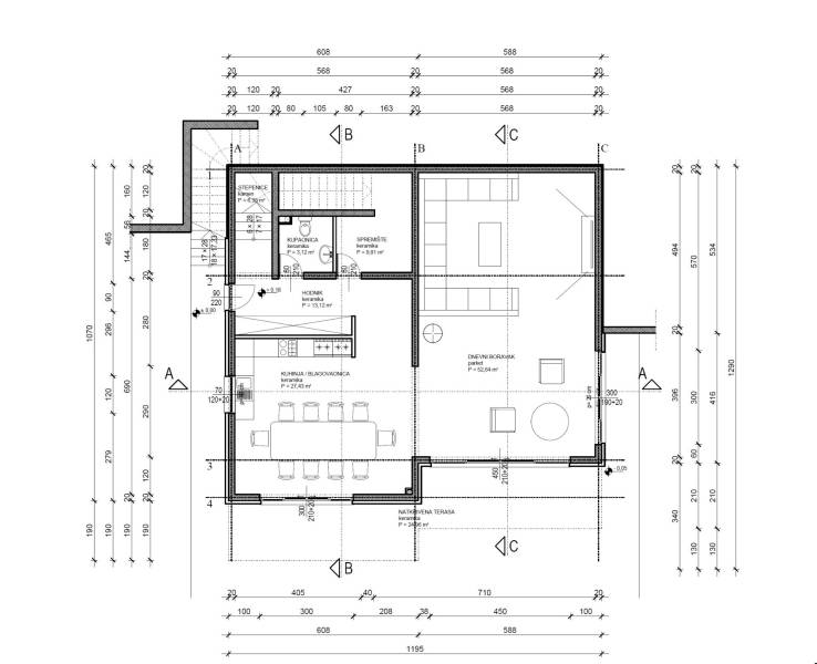 Floor plan of a villa with a kitchen, dining room, bathroom, and living room.