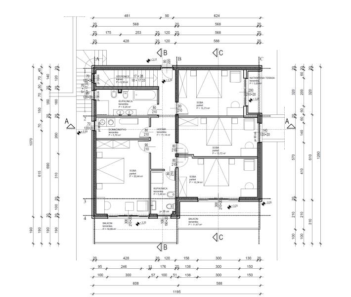 Floor plan of the villa with room details, areas, and dimensions.