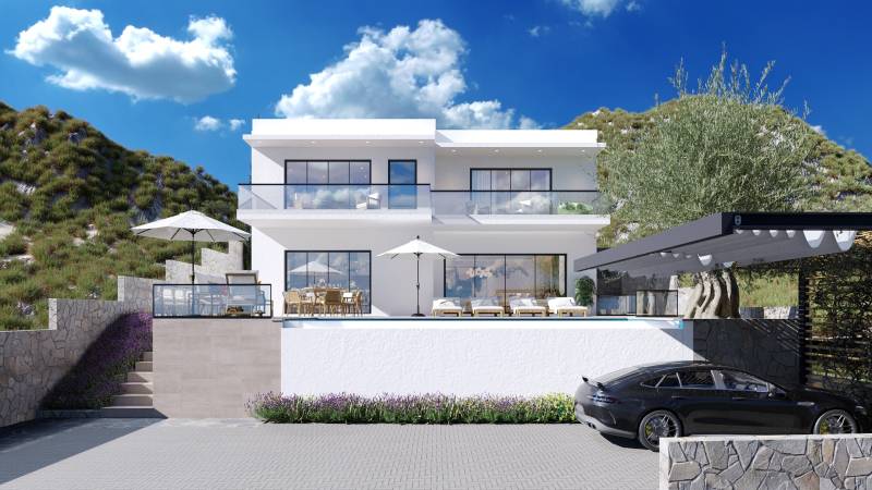 Villa in Duće with a terrace, mountain view, and parked car.