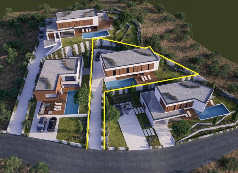 Luxury villas with pools in Vodice, surrounded by greenery and modern architecture.