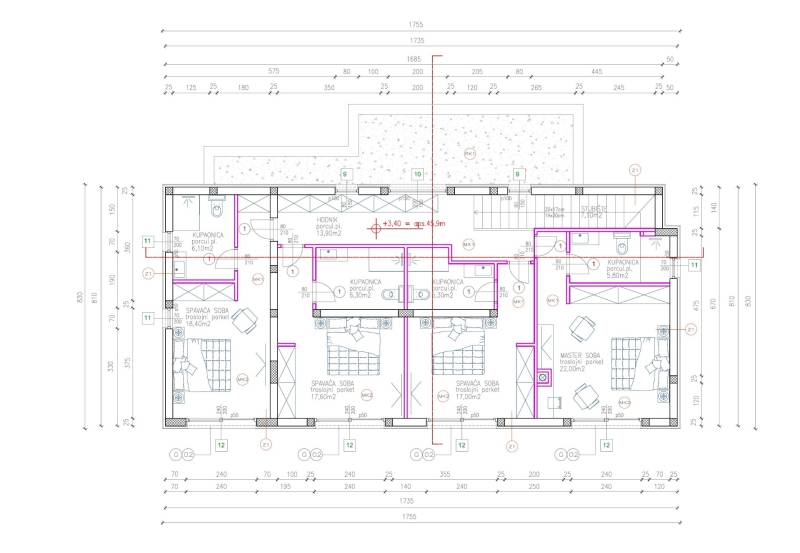 Floor plan of the villa with bedrooms and bathrooms, with total area and rooms detailedly labeled.