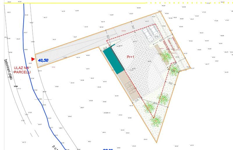 Architectural plan of the villa in the town of Vodice with the planned layout and location of the plot.