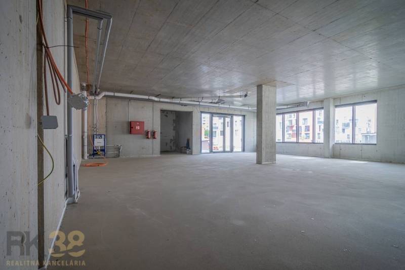 Spacious commercial spaces with concrete ceilings and large windows for sunlight illumination.