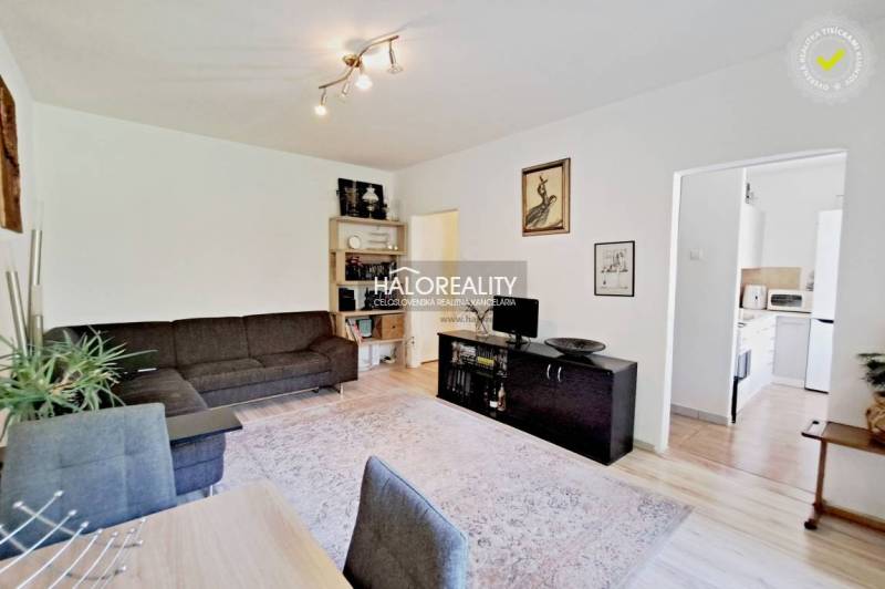 Living room in a 3-room apartment with a sofa, carpet, and built-in wardrobe.