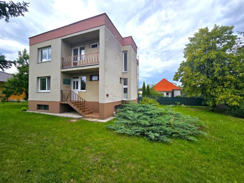 A two-story family house in Nové Mesto nad Váhom with a lawn and a tree.
