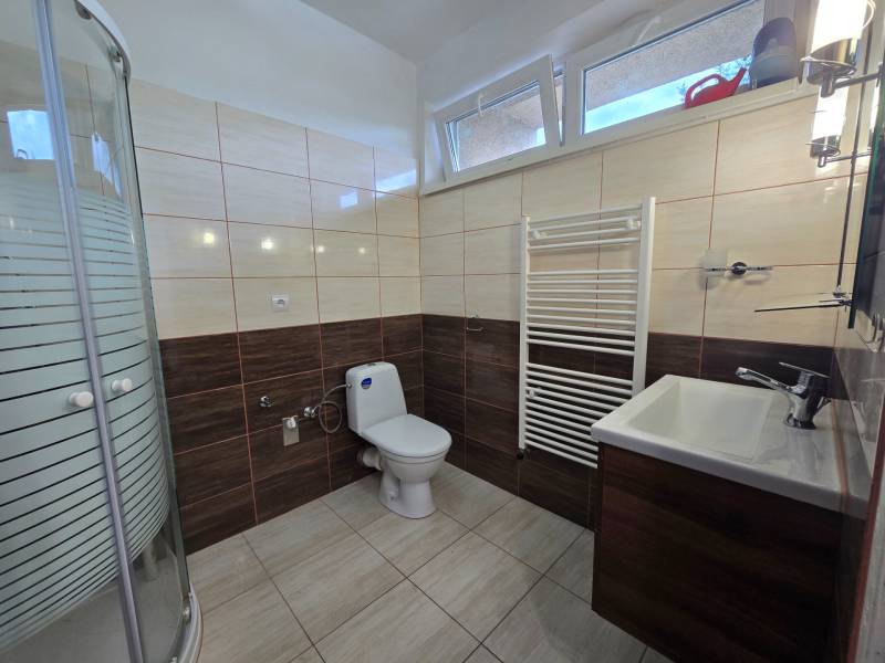 Bathroom in a family house with a toilet, sink, and shower.