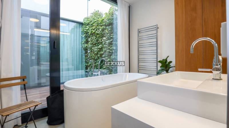 A bathroom in a family house with a bathtub, a plant, and a large window.