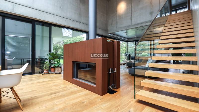 Interior of a family house with wooden stairs, a fireplace, and modern decorations.