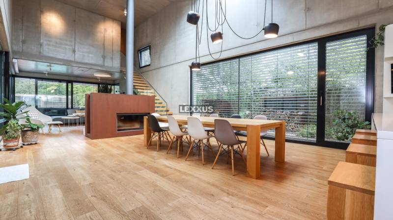 Interior of a family house with a large table, fireplace, and plenty of natural light.