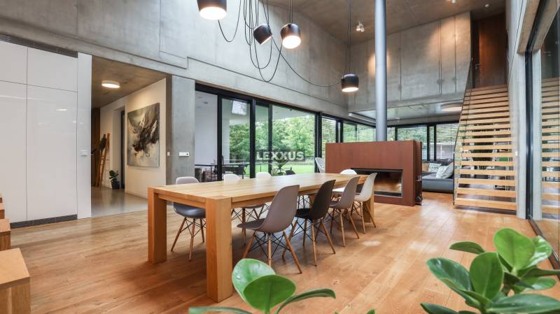 Dining room in a family house with a large wooden table, fireplace, and modern lighting.