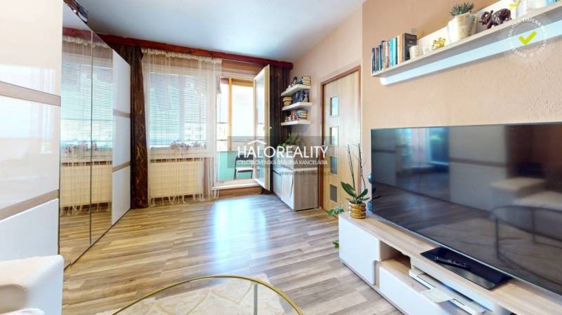 Living room in a two-room apartment with a television, shelves, and access to a balcony.