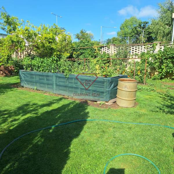 A garden at a family house on Šalská Street in Šaľa with a raised bed and lawn.