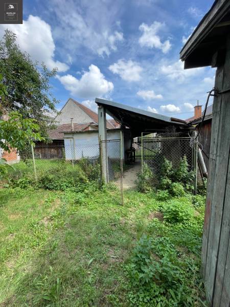 The garden of a family house in Trenčianske Stankovce with grass and a shelter under a blue sky.