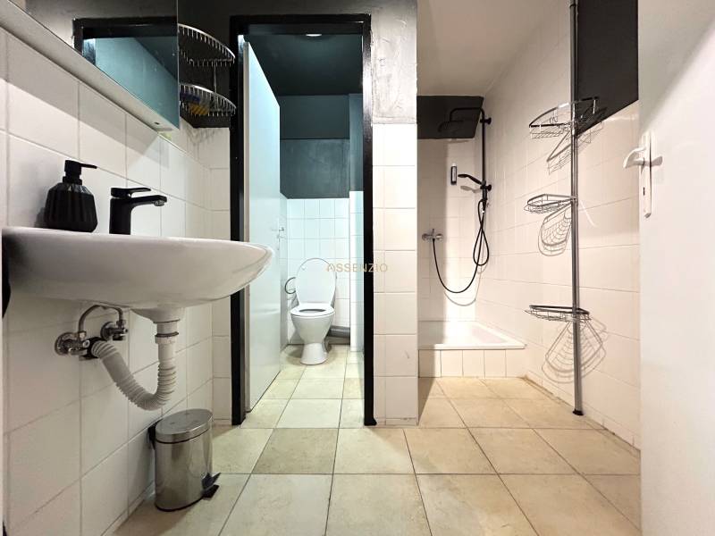 Bathroom with shower and toilet in a 4-room apartment.