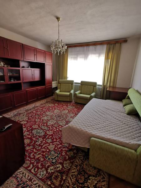 A room in a family house, contains a bed, sofas, a carpet, and a wall cabinet.