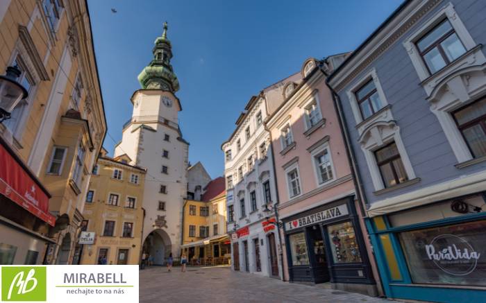 Michalská Street in Bratislava - Old Town with historic buildings and shops, Offices.