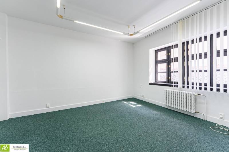 An office with white walls, green carpet, and windows with vertical blinds.