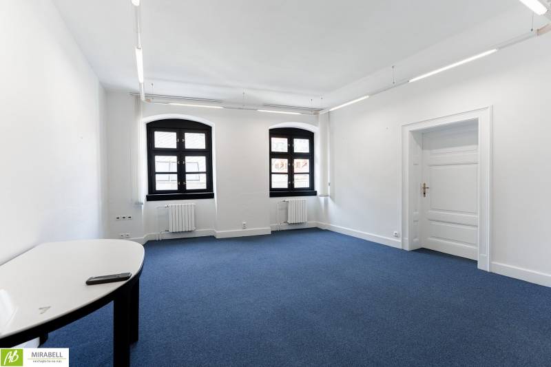 Spacious offices with blue carpet, white walls, and two windows.