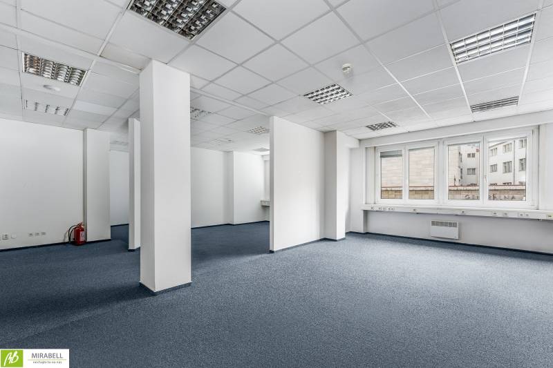 Empty offices with white walls and blue carpet, available for rent.