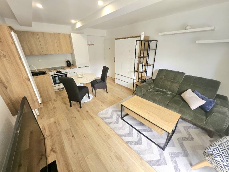 Living room of a one-bedroom apartment with a gray carpet, green sofa, and wooden furniture.