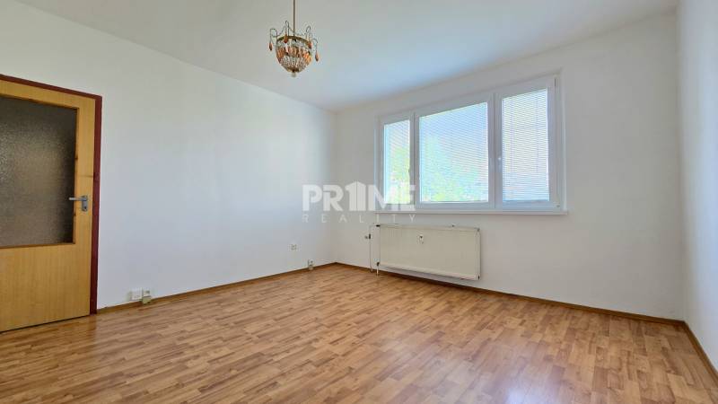 A room in a 3-room apartment with laminate flooring, a large window, and central lighting.