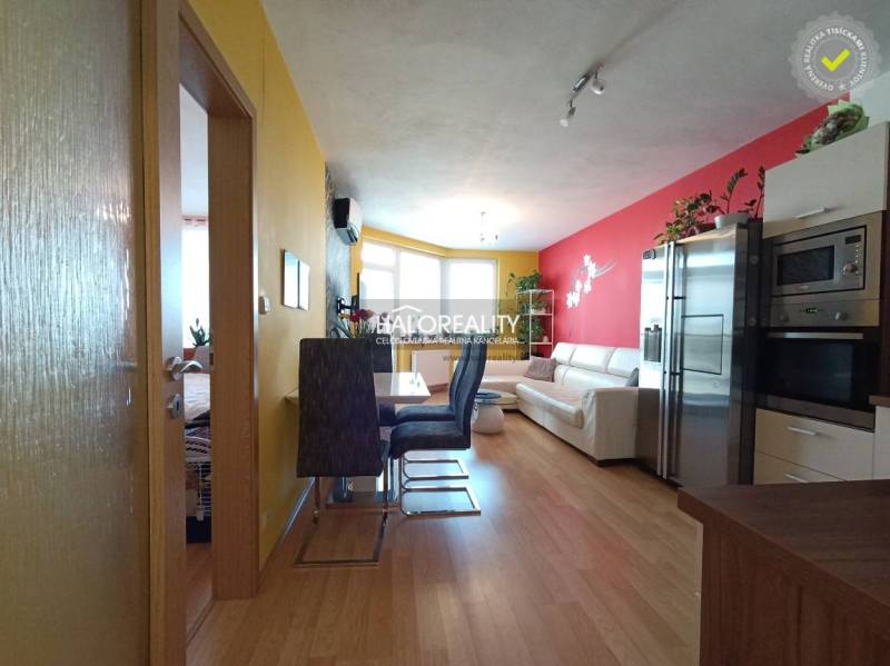 Living room in a two-room apartment with colorful walls and a kitchenette.