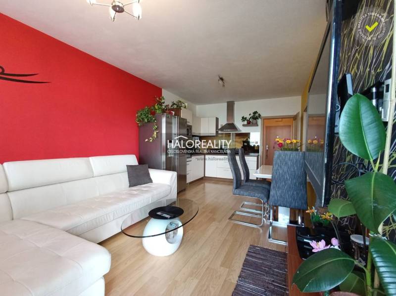 A living room with a white sofa, a glass table, and a colorful wall in a two-room apartment.