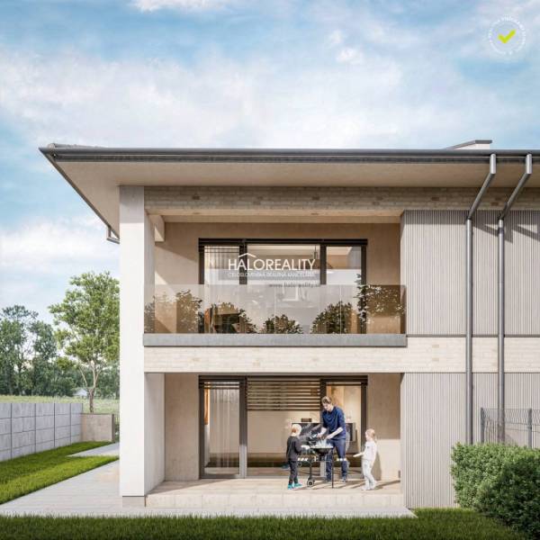 Exterior of a 3-room apartment in Lužianky with a garden and family activity outside.