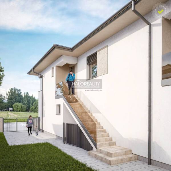 Exterior of a 3-room apartment in Lužianky with an access staircase and a landscaped lawn.