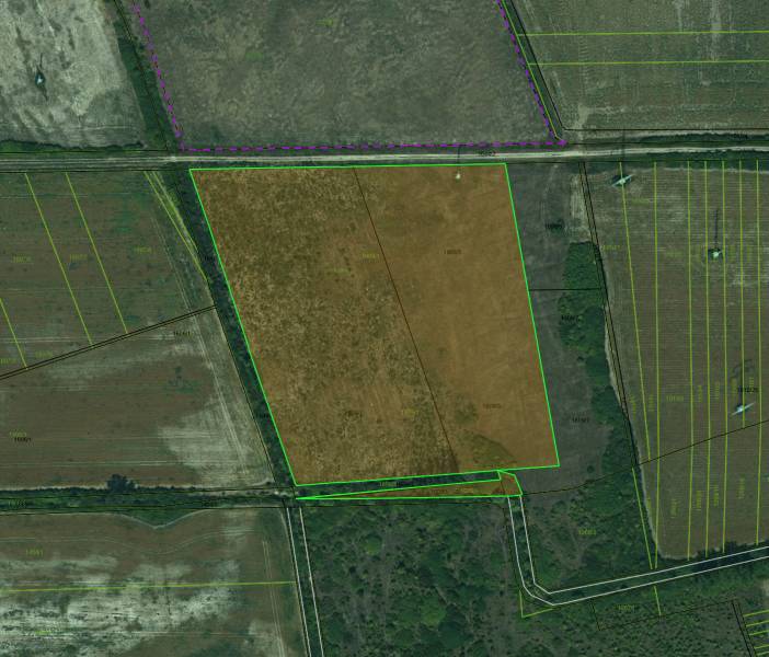 Aerial view of agricultural and forest land in Zemplínske Kopčany with visible parcels.