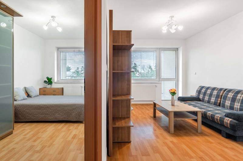 2-room apartment with a living room and a bedroom, laminate floors, simple furnishings.