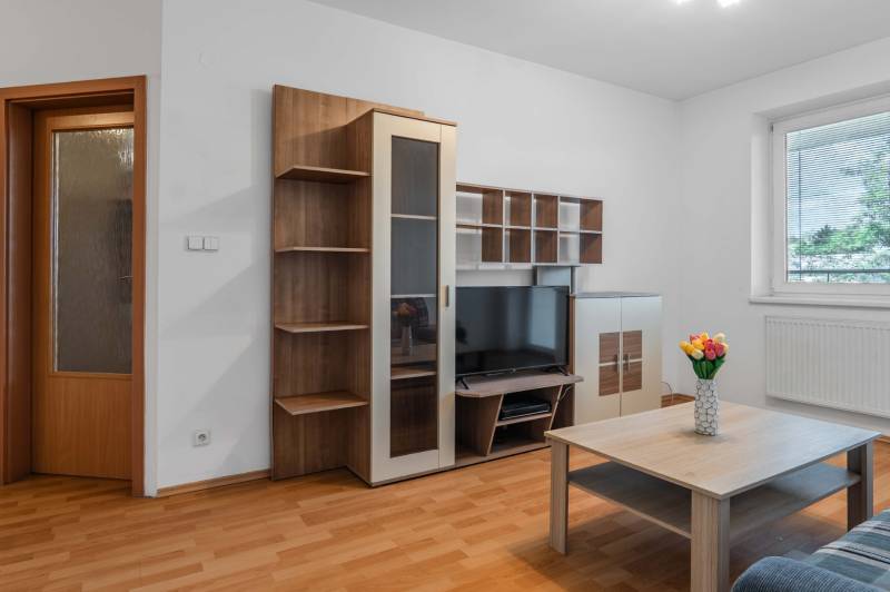 Living room in a two-room apartment with wooden furniture, a television, and a coffee table.