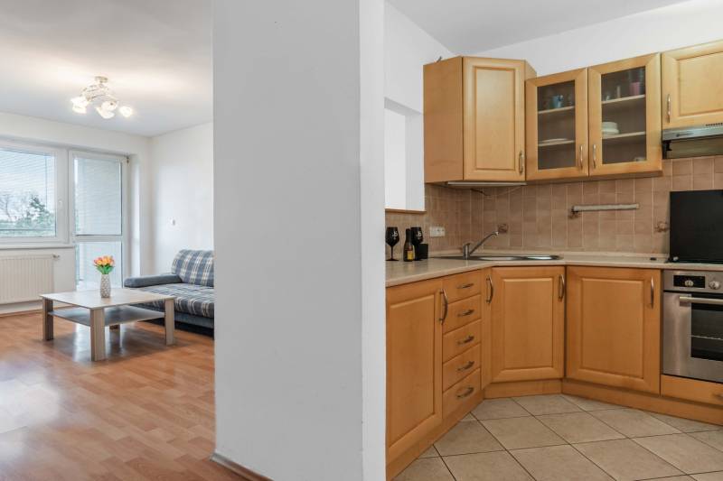 Interior of a 2-room apartment with a bright living room and a kitchen with wooden cabinets.