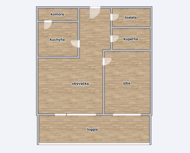 The floor plan of a 2-room apartment shows a pantry, kitchen, living room, bedroom, toilet, bathroom, and loggia.
