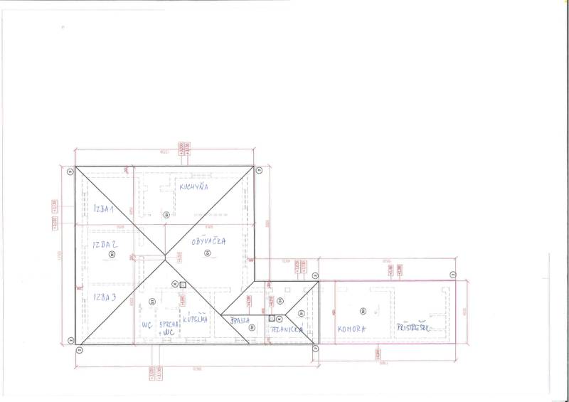 Floor plan of a family house with rooms: kitchen, living room, bedrooms, bathroom, pantry, carport.