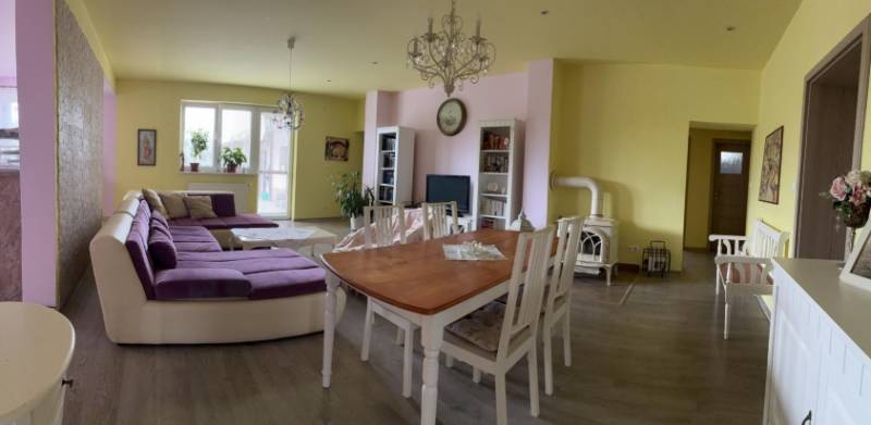 Living room in a family house, light walls, large purple sofa, dining table.