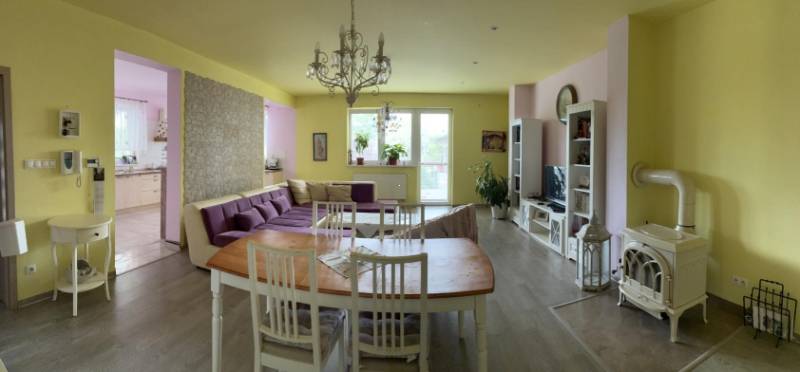 Living room with a dining area in a family house, a bright space with a fireplace.