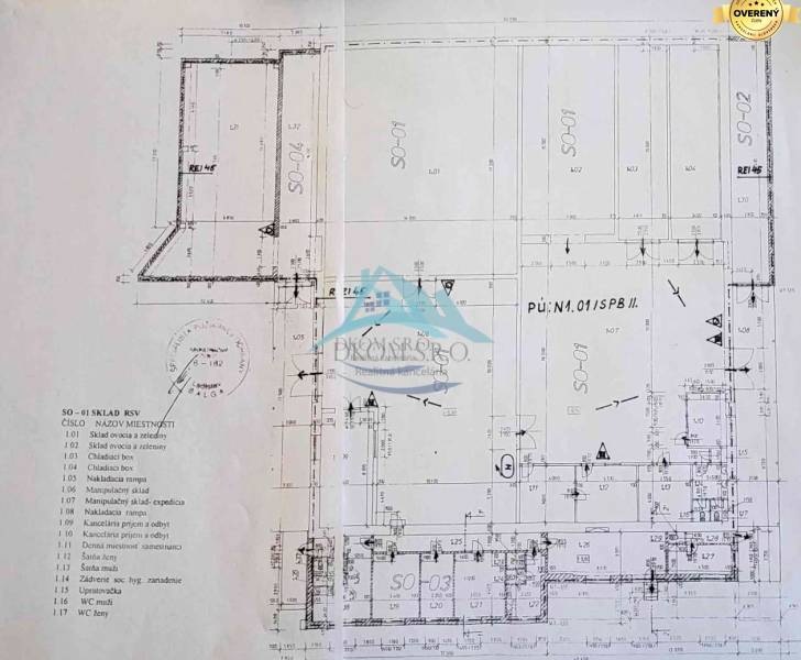 Floor plan of the warehouse on Železničná Street, with halls and handling areas.