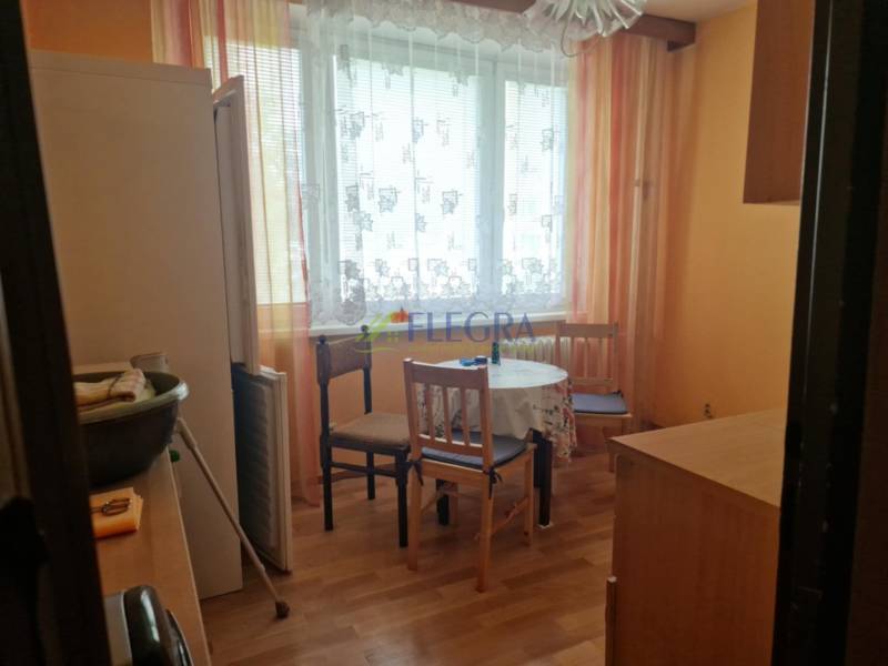 Kitchen in a studio apartment with a table, chairs, and a refrigerator.